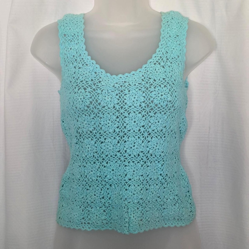 Cache' Light Blue Crochet Tank Top Small